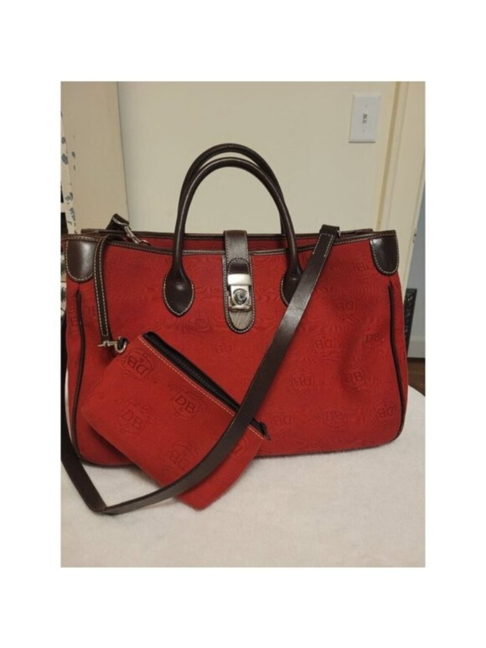 Dooney & Bourke Red Canvas Leather Satchel Tote Bag Matching Pouch Classic Prep